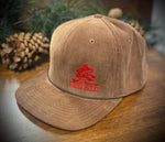 Brown Corduroy flat brimmed hat with off camber embroidered logo of eastern mountain white pine between Bark and Eater in red stitches.