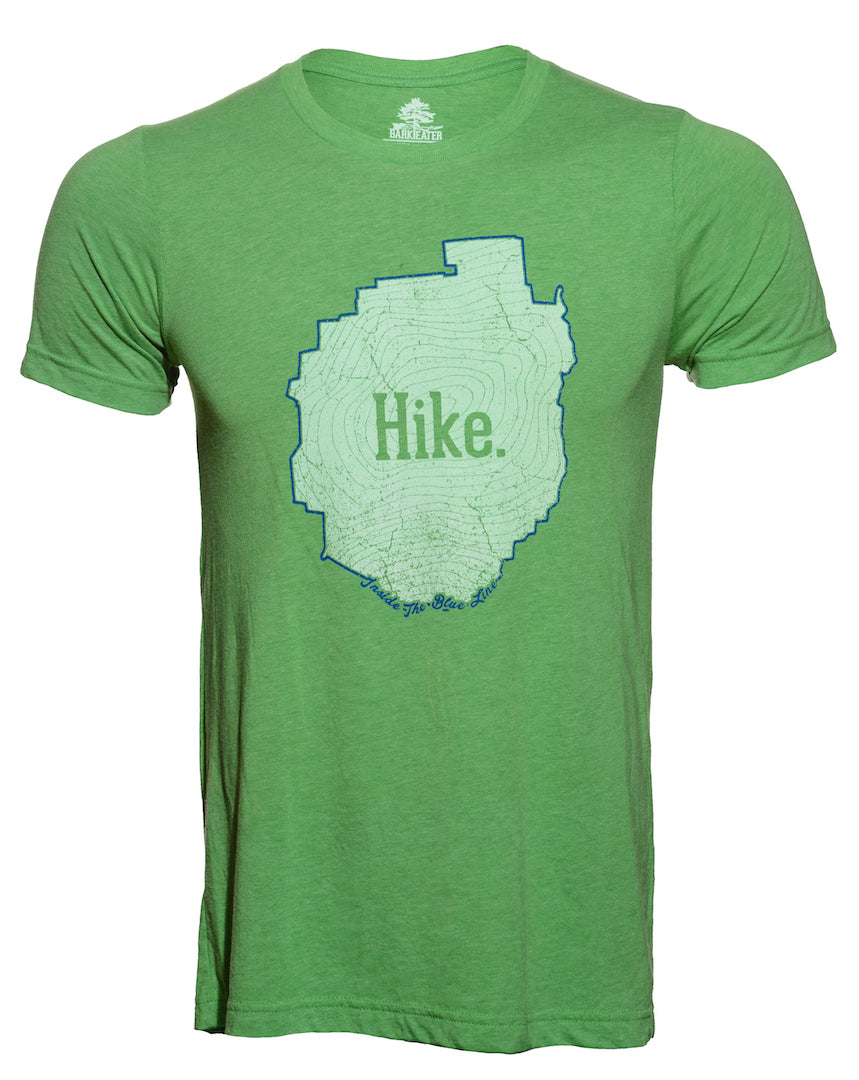 An incredibly soft unisex Green triblend tee shirt with the outline of the Adirondack Park in blue ink. Inside the blue line is a topographic map of Mt Marcy, New York's highest peak, with the word Hike centered on the front of the tee. 