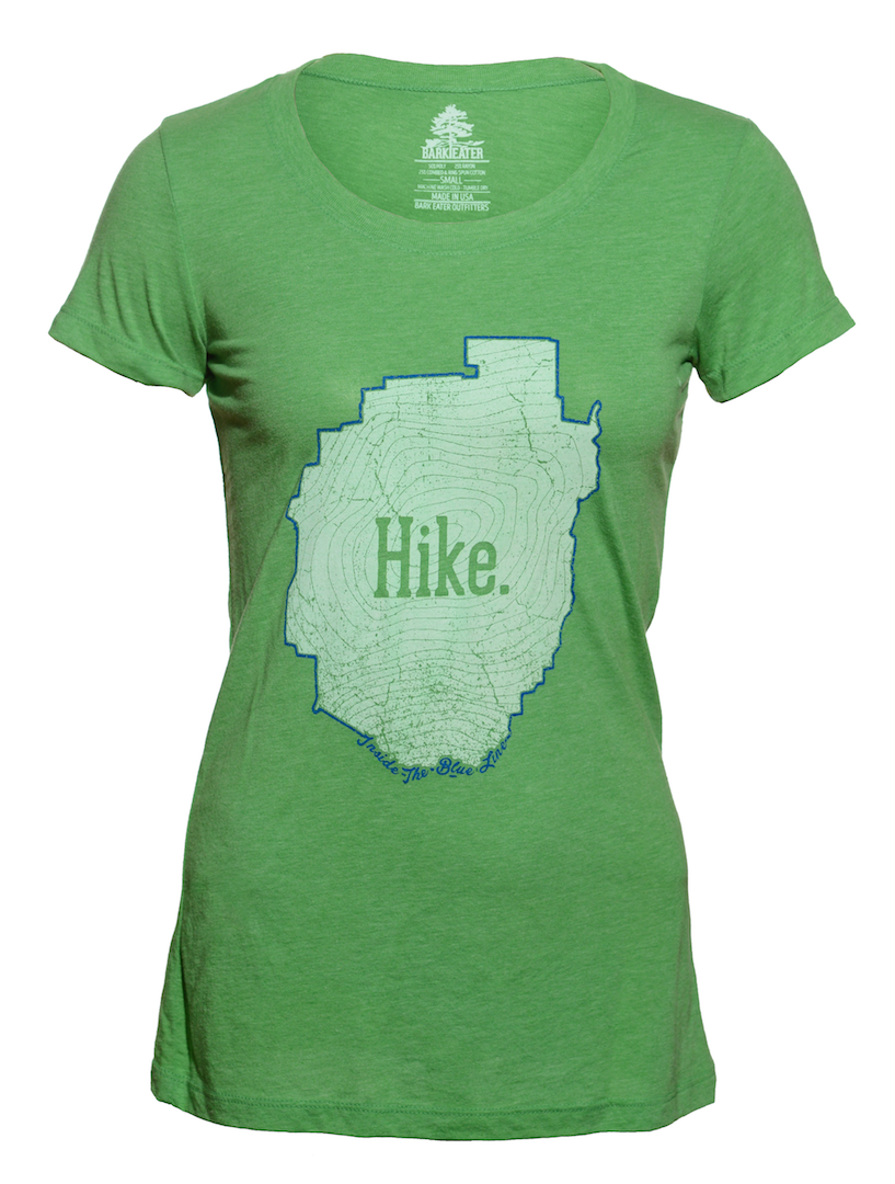 An incredibly soft unisex Green triblend tee shirt with the outline of the Adirondack Park in blue ink. Inside the blue line is a topographic map of Mt Marcy, New York's highest peak, with the word Hike centered on the front of the tee. 