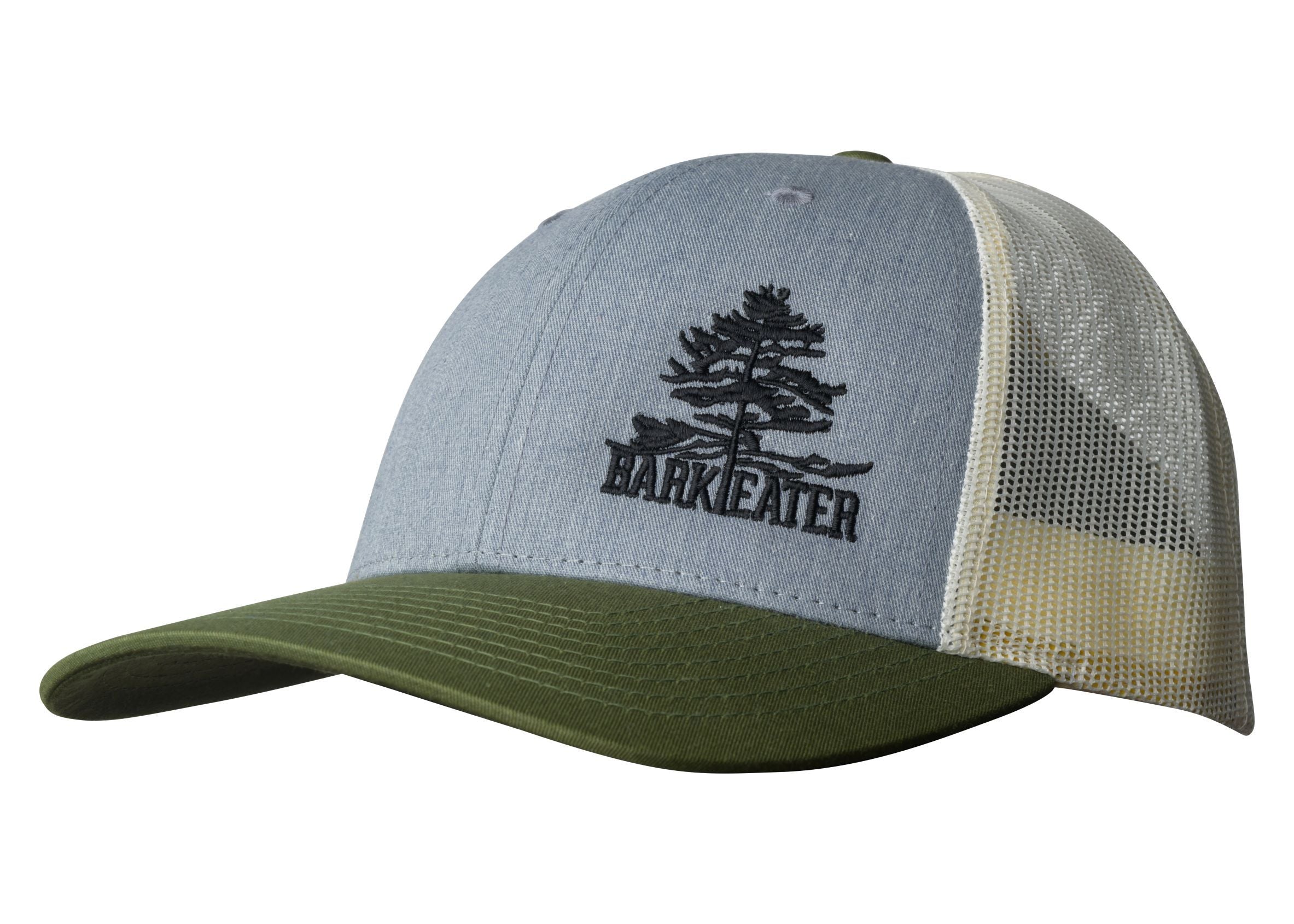 The Adirondack Trapper Trucker features the Bark Eater Outfitters logo in black off-camber on a classic grey trucker hat with amber mesh and an olive brim. Adjustable snapback.